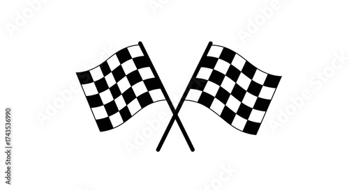 Two crossed checkered flags signaling the finish line of a race for victory and achievement isolated on white background