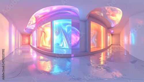 Pastel, glowing, arched corridor