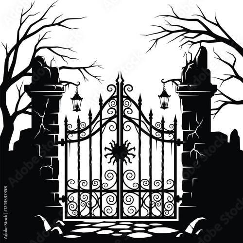 Ornate wrought iron gate with stone pillars, lanterns, and bare trees in silhouette Keywords: gate, wrought iron, ornate