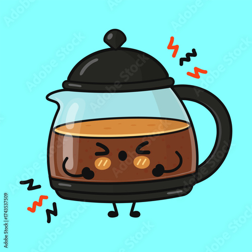 Angry coffee pot character getting energy from caffeine