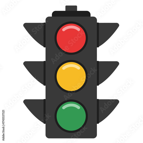 Classic traffic signal light with red yellow green spheres showing stop go caution in urban street signalization isolated on white background