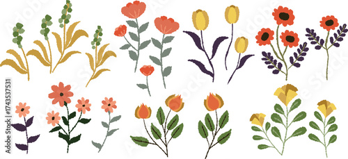 Red and yellow flowers, autumn Flowers abstract hand drawn brush. Vector simple flower, leaf ink stroke. Vector illustration