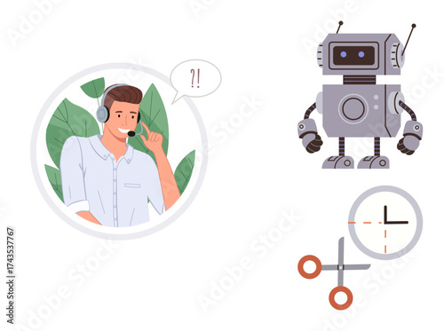 Headset-wearing man faces surprise while interacting with a robot assistant. Clock, scissors, and leaf background highlight automation, communication, time management, collaboration