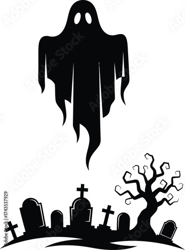 Silhouette Ghost Over A Graveyard With A Spooky Tree Keywords: ghost, graveyard, spooky, tree, silhouette, halloween, haunted