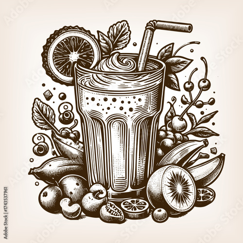 refreshing fruit smoothie in a tall glass with straw, surrounded by assorted fruits and herbs sketch engraving generative ai vector illustration. Scratch board imitation. Black and white image.