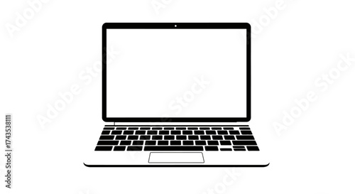Modern open laptop front view displaying blank white screen keyboard and trackpad isolated on a white backdrop for digital design isolated on white background