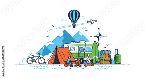 Outdoor adventure and travel line art illustration featuring camping, a caravan, and various recreational activities set against a picturesque mountainous landscape