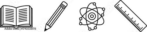 A line drawing of an open book a pencil an atom and a ruler isolated on a white background education theme