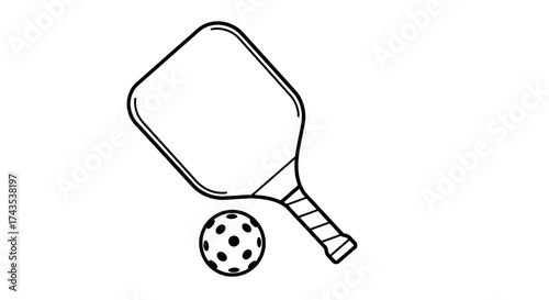 Hand-drawn sketch of a pickleball paddle and ball simple line art sport equipment outline for recreation and games isolated on white background