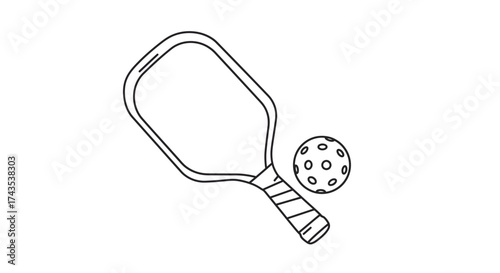 Hand-drawn pickleball paddle and ball icon simple sketch sport equipment outline for recreation and athletic activities isolated on white background