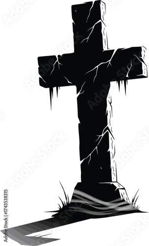 Silhouette of a cracked stone tombstone with icicles and grass Keywords: tombstone, cross, stone, graveyard, cemetery, death, RIP