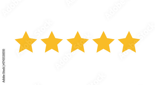 Five golden stars arranged horizontally showcasing excellent quality service satisfaction rating and positive feedback isolated on white background
