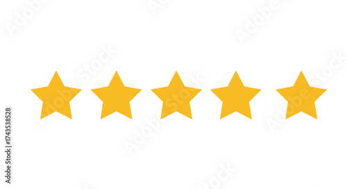 Five golden stars displayed horizontally representing excellent rating or high satisfaction perfect score achievement isolated on white background