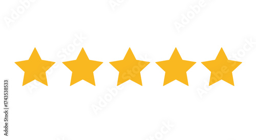 Five golden stars shining brightly representing excellence and top quality customer satisfaction and product performance isolated on white background