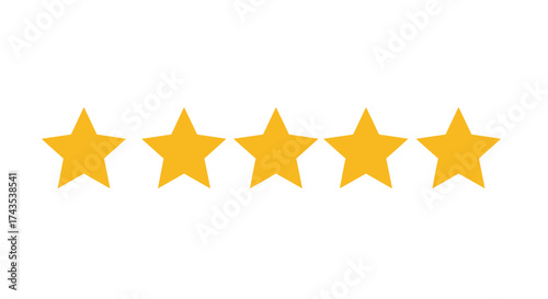 Five golden stars for excellent rating and top quality performance award icon symbol representing success and achievement isolated on white background