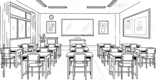 A classroom illustration featuring desks chairs whiteboard window and other classroom related objects