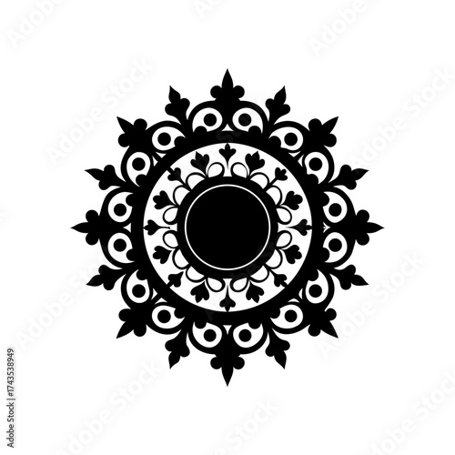 Decorative floral medallion black and white on transparent background silhouette