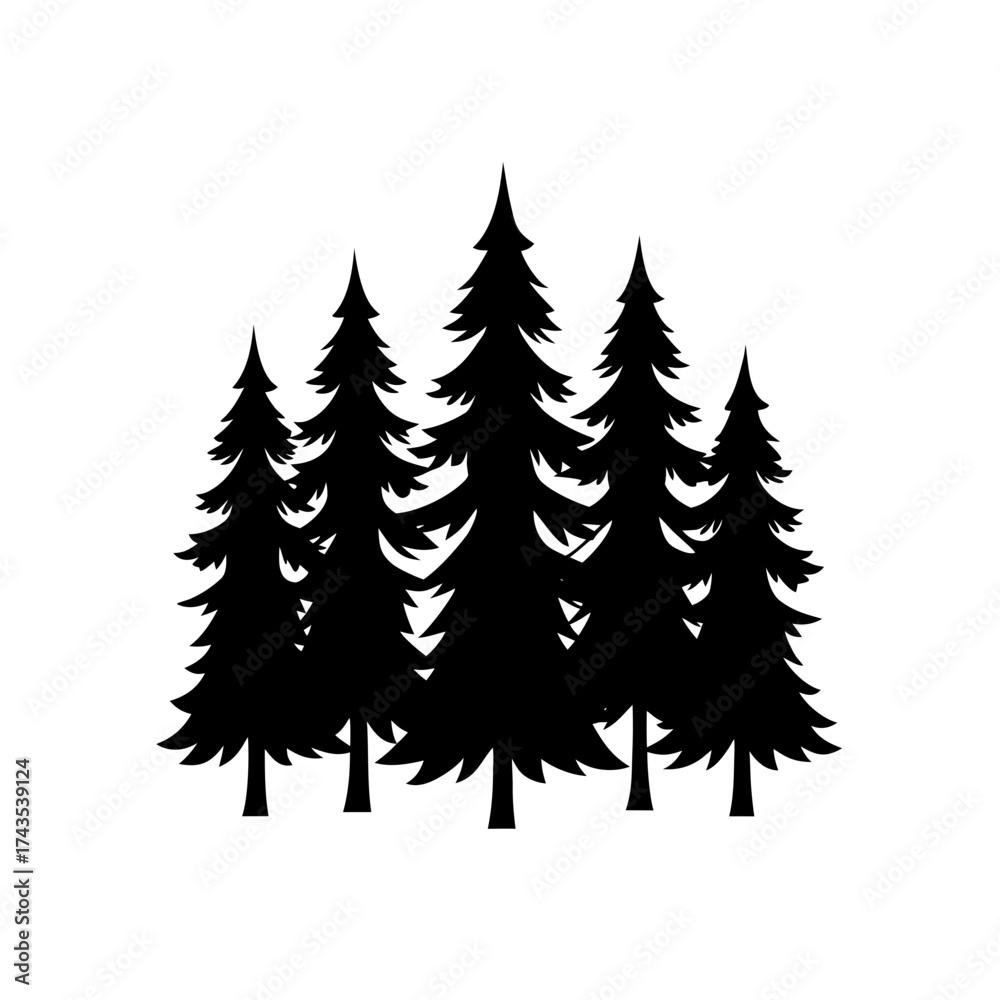 Obraz premium Silhouette of five evergreen trees forest on transparent background