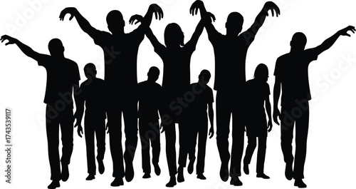Silhouette of a Group of Walking Zombies with Arms Raised horror
