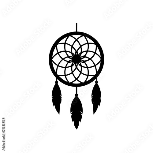 Silhouette of a dreamcatcher with feathers on transparent background