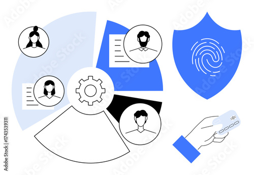 Gear-centered chart with user profiles, fingerprint shield, and hand holding card. Ideal for cybersecurity, authentication, teamwork, data access, privacy, identity validation digital systems