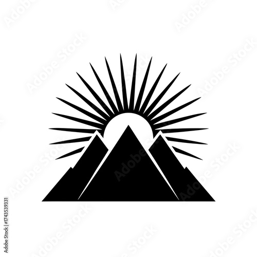 Three mountains with sun rising behind them on transparent background silhouette
