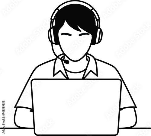 Illustration of a person wearing headset sitting at desk in front of laptop computer outline drawing