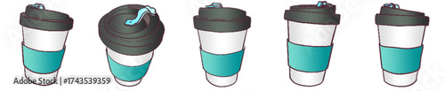 Takeaway Coffee Cup with Lid and Sleeve – Cute Hand Drawn Reusable Cup Clipart for Cafe, Beverage and Morning Drink Theme