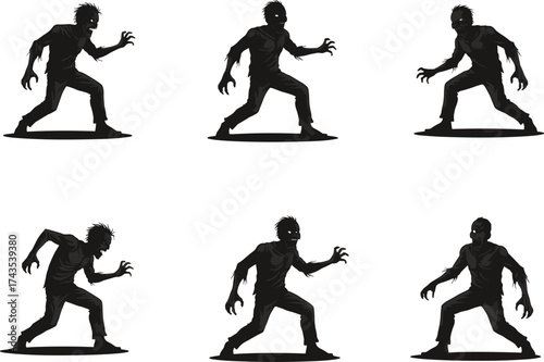 Creepy Zombie Silhouette Character Vector Set for Horror Scenes, Halloween Designs, Scary Games, Apocalyptic Concepts, and Graphic Illustrations