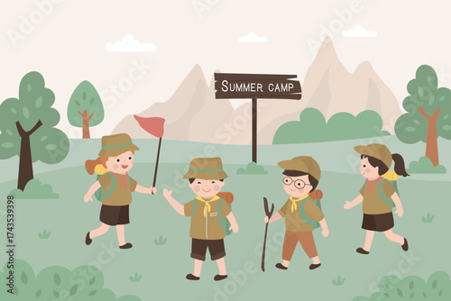 Kids in scout camp. Cartoon boys and girl in scout clothes make walking together over bridge. Set of scout boy and girl.