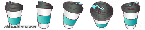 Takeaway Coffee Cup with Lid and Sleeve – Cute Hand Drawn Reusable Cup Clipart for Cafe, Beverage and Morning Drink Theme