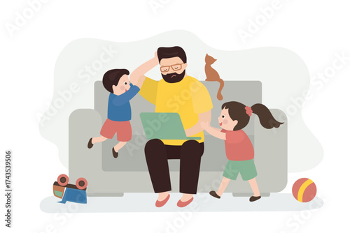 Stay home and working online. Tired father with kids has distant job. Unhappy freelancer with laptop sitting on sofa. Stressful situation for man with noisy children and work.