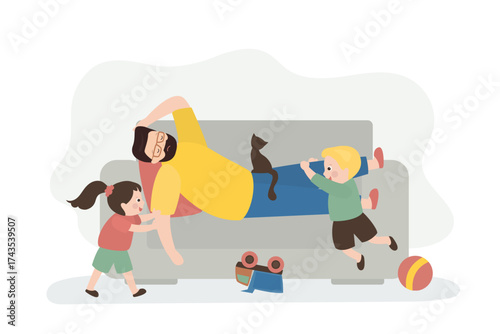 Tired dad with many children. Father exhausted under life routine and lying down on sofa. Kids playing up. Big family and lifestyle