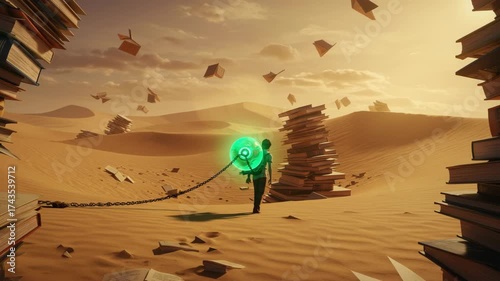 Person walking through desert with glowing orb and book towers