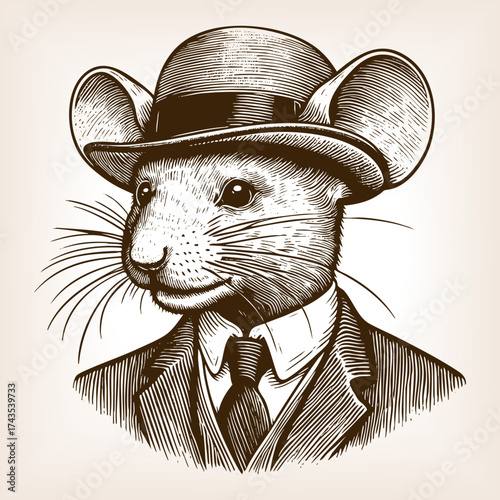 man in a suit with a mouse head, symbolizing anthropomorphism, satire, and imaginative artistic concepts sketch engraving generative ai vector illustration. Scratch board imitation. Black and white.