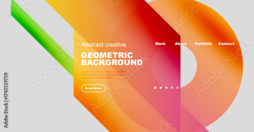 Abstract geometric background design. Vibrant colors, gradients, modern layout. Website header with navigation options present.