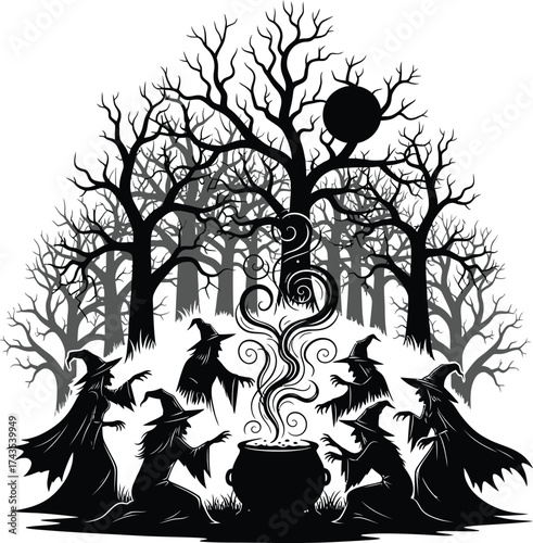 Silhouette of witches performing a ritual around a cauldron in a dark, enchanted forest under a full moon
