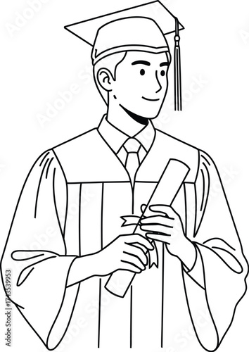 A line drawing of a graduate in cap and gown holding a diploma with a slight smile on a white background