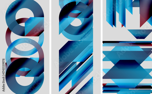 Abstract geometric composition. Blue hues dominate, creating dynamic visual impact. Shapes overlap, suggesting depth, movement.