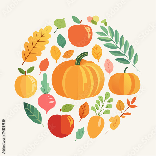 Autumn fruit and vegetable element set, vector illustration