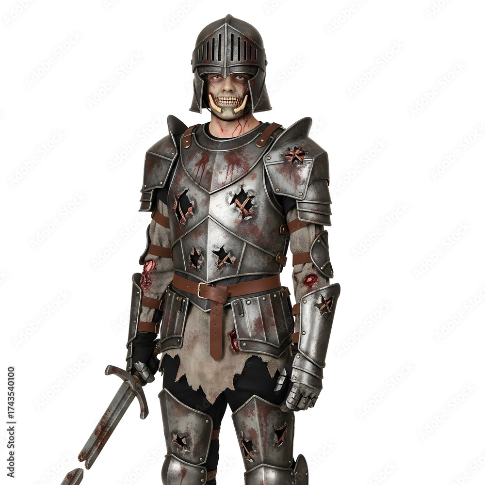 Fototapeta premium Decayed knight in rusted armor, gripping a shattered sword, standing defiantly against the blue void.