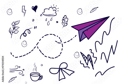 Whimsical hand drawn doodle collection featuring a purple paper airplane flying through clouds and rain with other fun elements