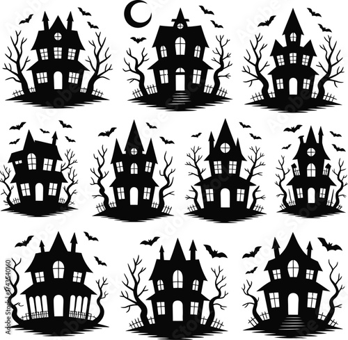 Wallpaper Mural Silhouetted Haunted Houses With Spooky Trees And Bats Under A Moon Keywords: Halloween, spooky, haunted house, silhouette, trees Torontodigital.ca