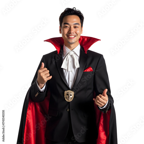 A smiling man in a vampire costume gives two thumbs up against a dark turquoise background, festive.
