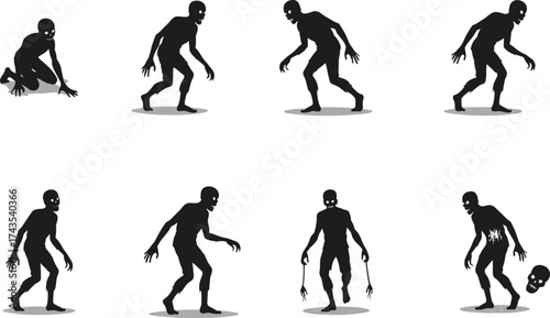 Creepy Zombie Silhouette Vector Pack Featuring Crawling and Walking Undead Figures for Horror, Halloween, Game Design, and Scary Art