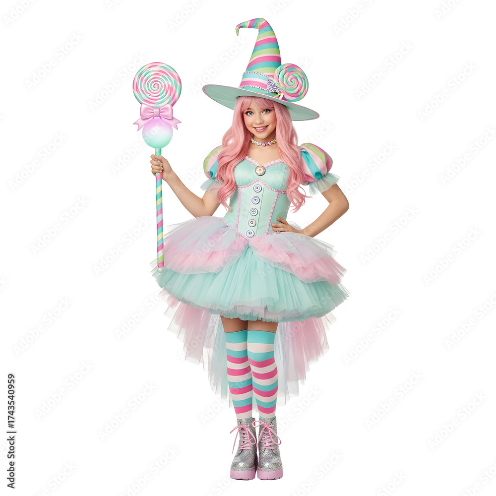 Fototapeta premium A young woman dressed as a candy witch, holding a lollipop wand, strikes a pose. Whimsical and playful.