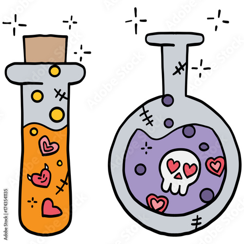 halloween Colorful potion bottles with hearts and skull designs. in doodle color line style