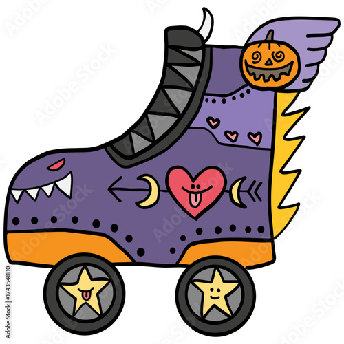 halloween Colorful roller skate with fun, whimsical designs. in doodle color line style