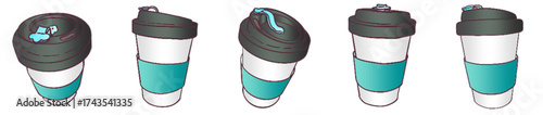 Takeaway Coffee Cup with Lid and Sleeve – Cute Hand Drawn Reusable Cup Clipart for Cafe, Beverage and Morning Drink Theme