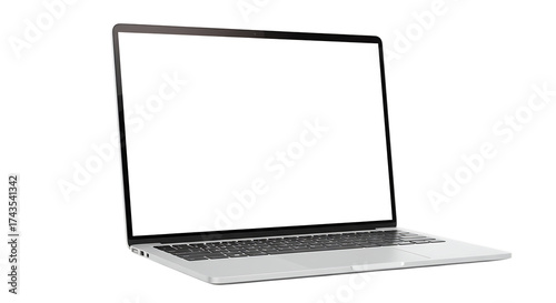 Laptop on white background with blank screen isolated for office and technology use